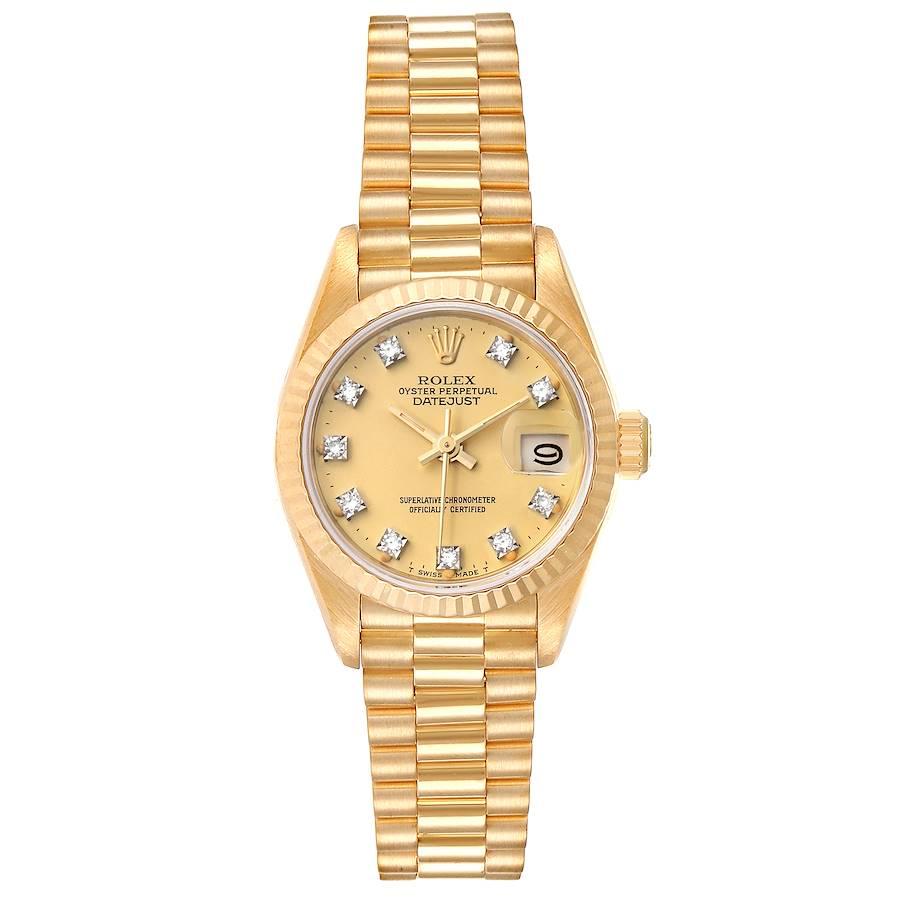 Rolex President Datejust Yellow Gold Diamond Ladies Watch 69178. Officially certified chronometer self-winding movement. 18k yellow gold oyster case 26.0 mm in diameter. Rolex logo on a crown. 18k yellow gold fluted bezel. Scratch resistant sapphire