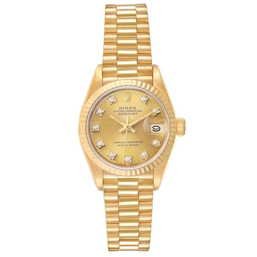 Rolex President Datejust Yellow Gold Diamond Ladies Watch 69178. Officially certified chronometer self-winding movement. 18k yellow gold oyster case 26.0 mm in diameter. Rolex logo on a crown. 18k yellow gold fluted bezel. Scratch resistant sapphire