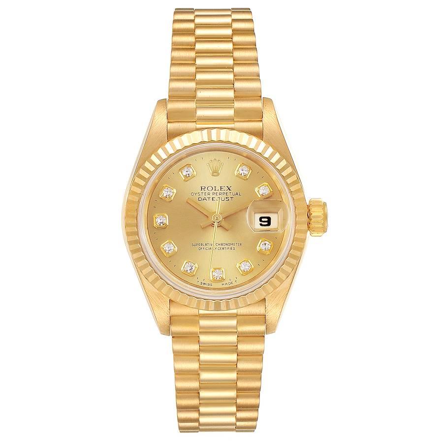 Rolex President Datejust Yellow Gold Diamond Ladies Watch 69178. Officially certified chronometer self-winding movement. 18k yellow gold oyster case 26.0 mm in diameter. Rolex logo on a crown. 18k yellow gold fluted bezel. Scratch resistant sapphire
