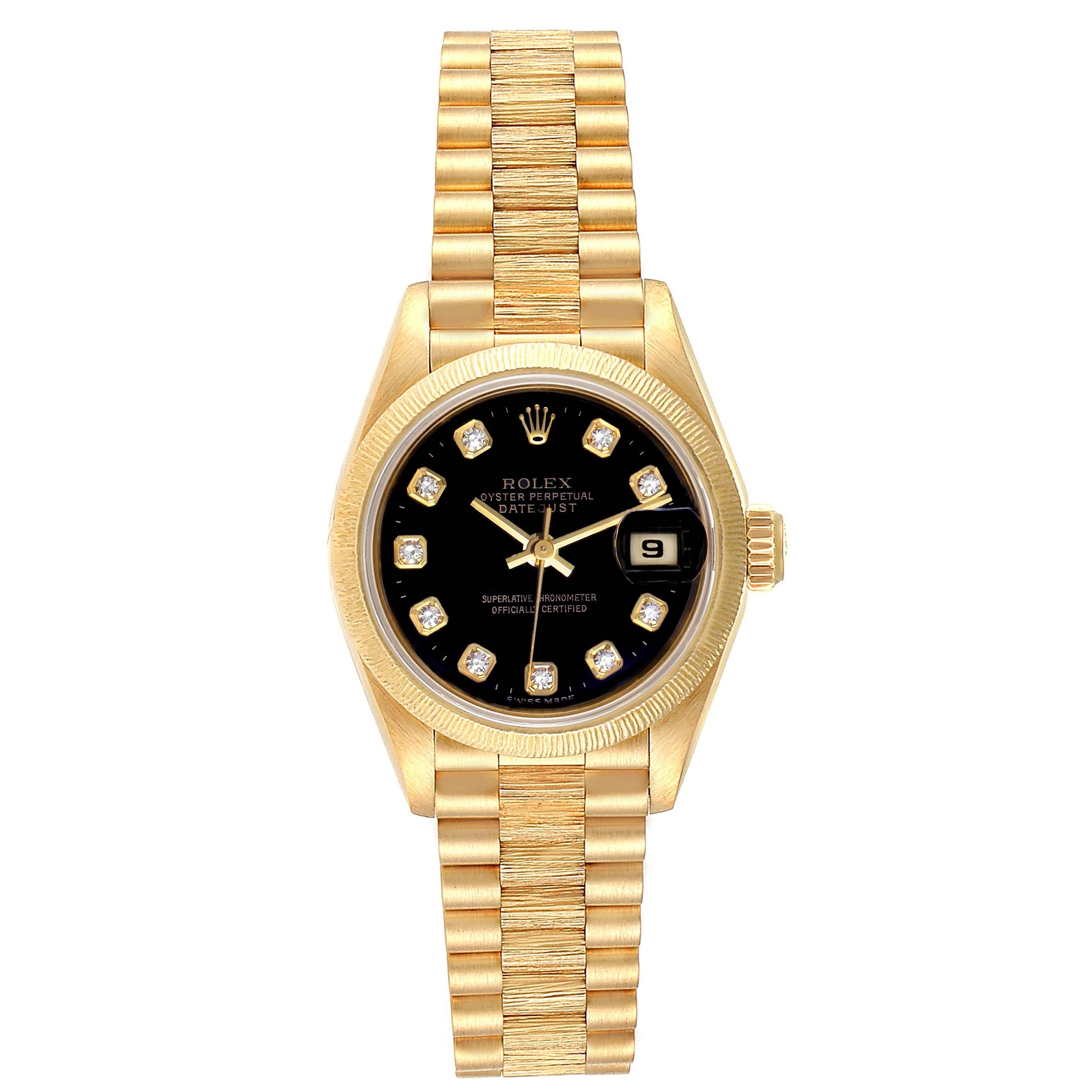 Rolex President Datejust Yellow Gold Diamond Ladies Watch 69278. Officially certified chronometer self-winding movement. 18k yellow gold oyster case 26.0 mm in diameter. Rolex logo on a crown. 18k yellow gold engine turned bezel. Scratch resistant