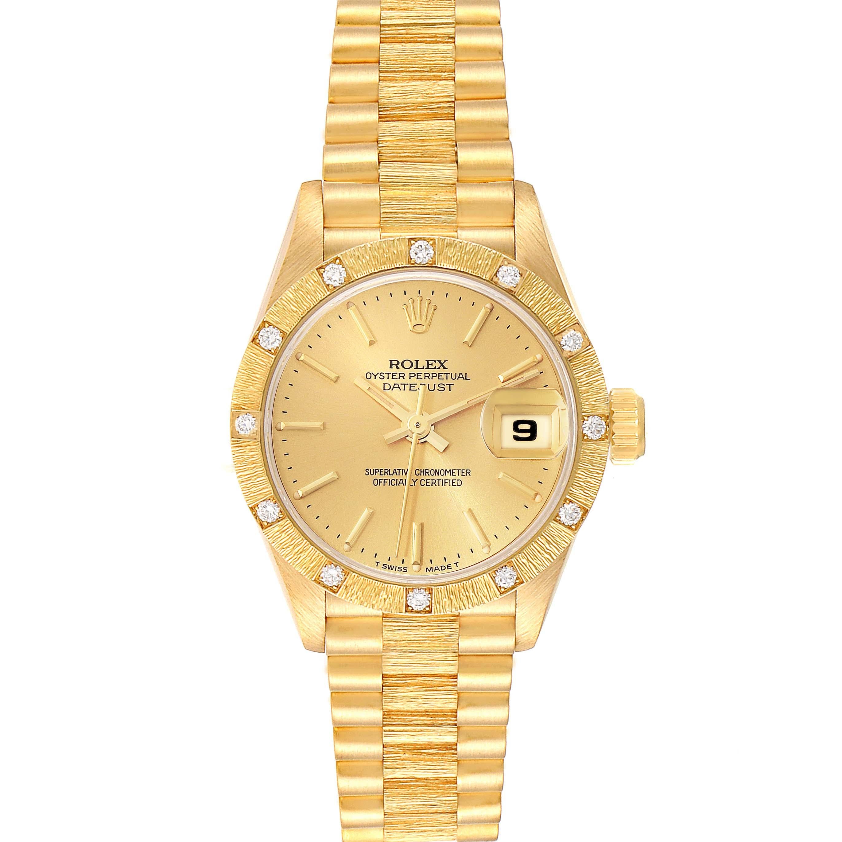 Rolex President Datejust Yellow Gold Diamond Ladies Watch 69288 Box Papers. Officially certified chronometer automatic self-winding movement. 18k yellow gold oyster case 26.0 mm in diameter. Rolex logo on crown. Original Rolex factory 18k yellow