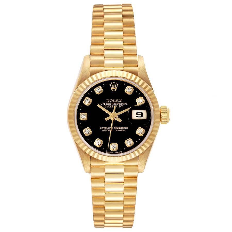 Rolex President Datejust Yellow Gold Diamond Ladies Watch 79178. Officially certified chronometer self-winding movement. 18k yellow gold oyster case 26.0 mm in diameter. Rolex logo on a crown. 18k yellow gold fluted bezel. Scratch resistant sapphire