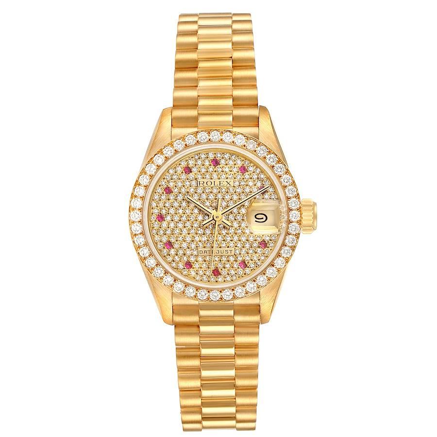 Rolex President Datejust Yellow Gold Diamond Rubies Ladies Watch 69138. Officially certified chronometer self-winding movement. 18k yellow gold oyster case 26.0 mm in diameter. Rolex logo on a crown. Original Rolex 18k yellow gold diamond bezel.