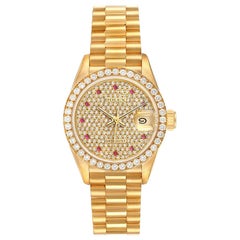 Rolex President Datejust Yellow Gold Diamond Rubies Ladies Watch 69138
