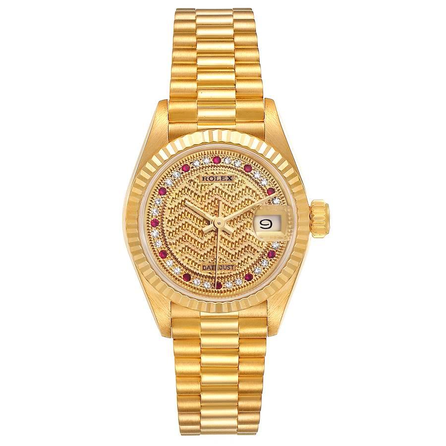 Rolex President Datejust Yellow Gold Diamond Rubies Ladies Watch 69178 Box. Officially certified chronometer self-winding movement. 18k yellow gold oyster case 26.0 mm in diameter. Rolex logo on a crown. 18k yellow gold fluted bezel. Scratch