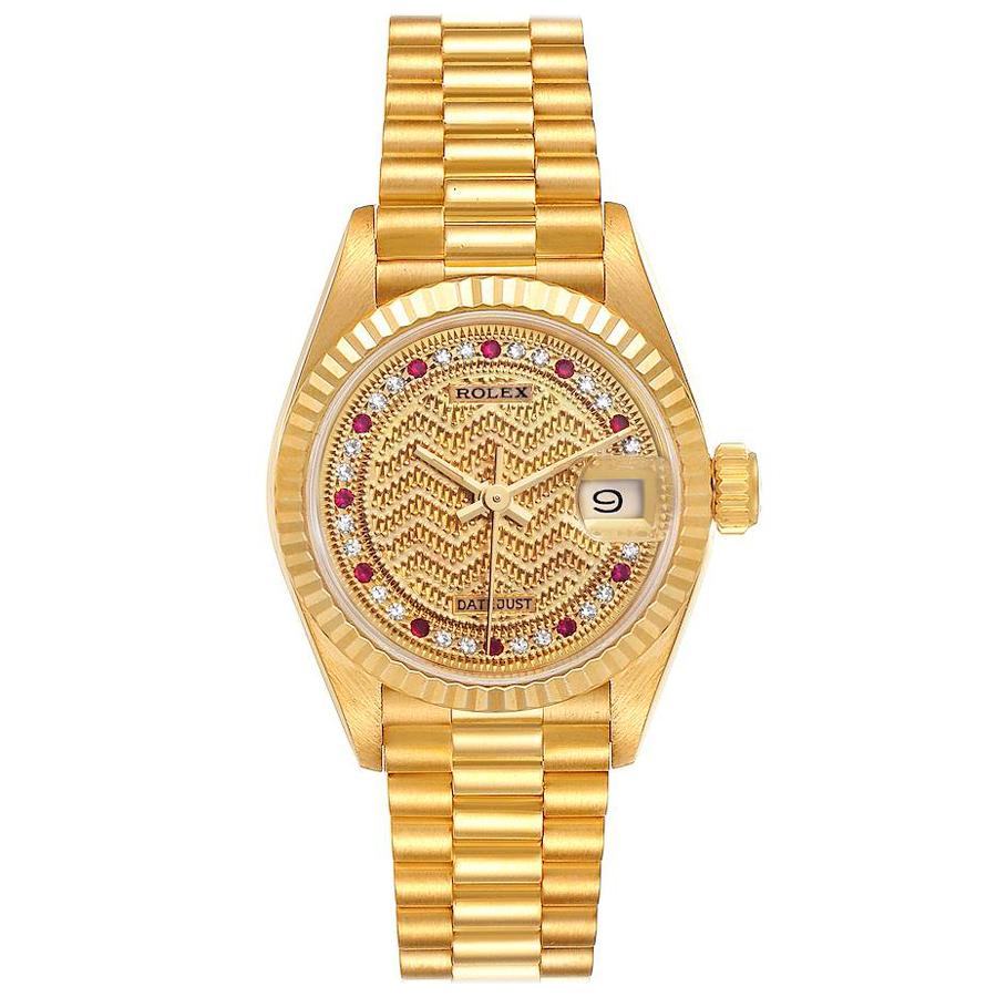 Rolex President Datejust Yellow Gold Diamond Rubies Ladies Watch 69178 Box