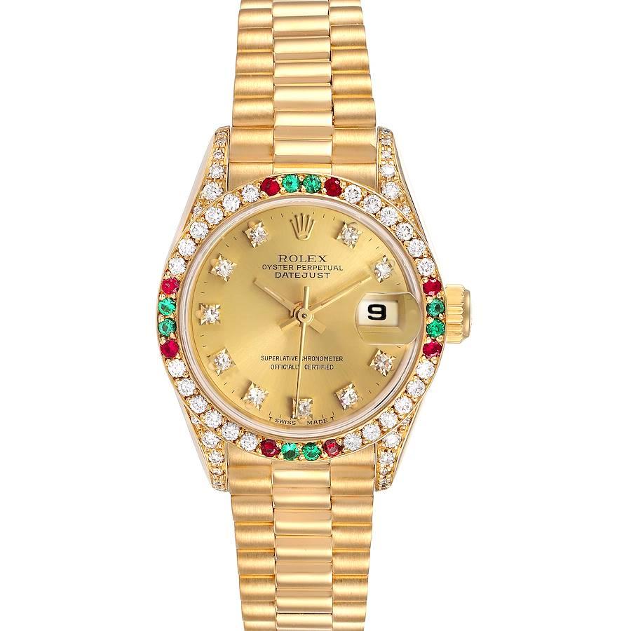 Rolex President Datejust Yellow Gold Diamond Ruby Emerald Watch 69038. Officially certified chronometer self-winding movement. 18k yellow gold oyster case 26.0 mm in diameter.  Rolex logo on a crown. Original Rolex factory Diamond lugs. Original