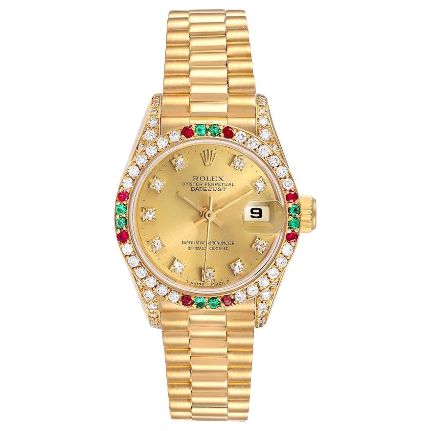 Rolex President Datejust Yellow Gold Diamond Ruby Emerald Watch 69038