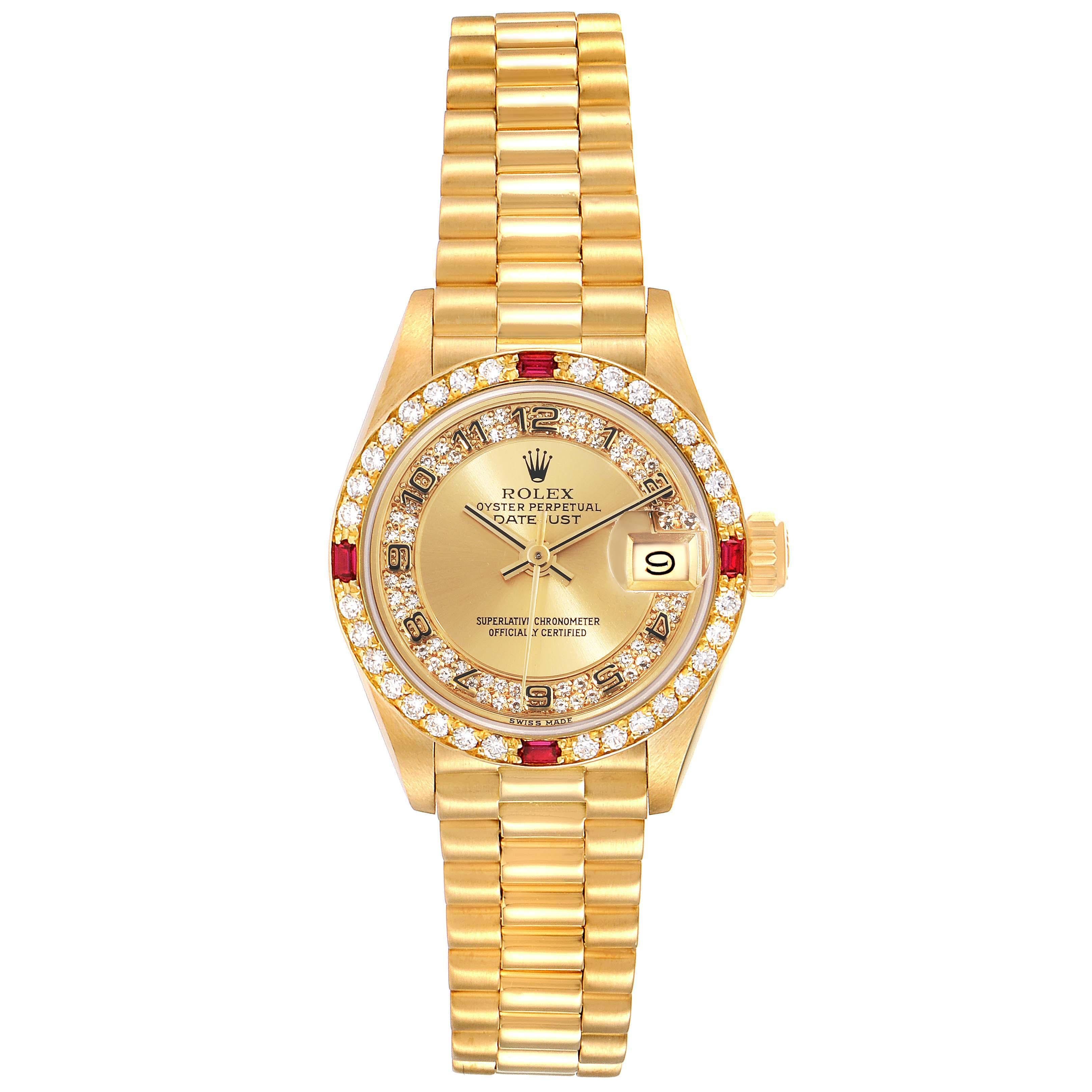 Rolex President Datejust Yellow Gold Diamond Ruby Ladies Watch 69068 Box Papers. Officially certified chronometer automatic self-winding movement. 18k yellow gold oyster case 26.0 mm in diameter. Rolex logo on a crown. Original Rolex factory diamond