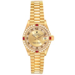 Rolex President Datejust Yellow Gold Diamond Ruby Ladies Watch 69068 Box Papers