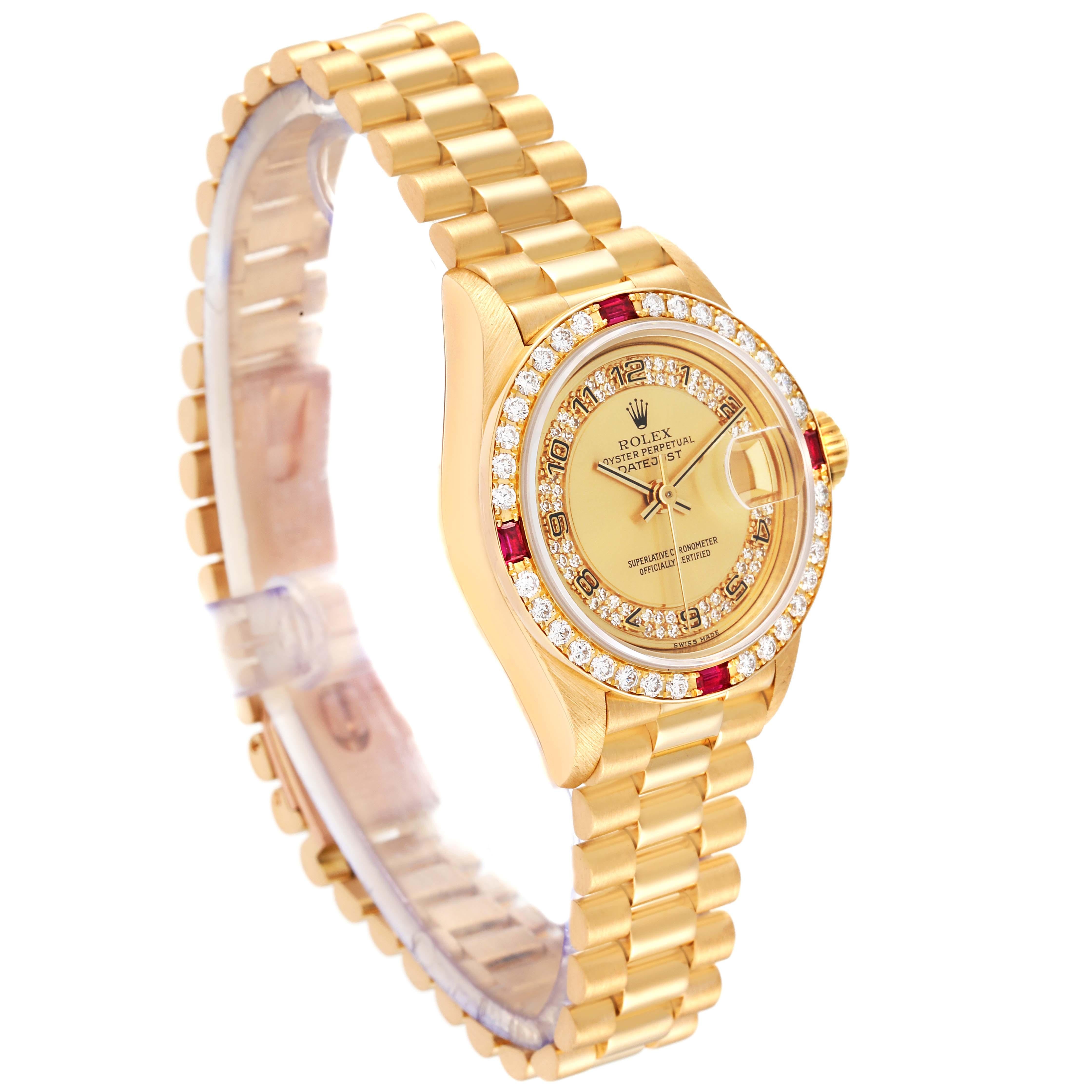 Rolex President Datejust Yellow Gold Diamond Ruby Ladies Watch 69068 Box Papers In Excellent Condition In Atlanta, GA