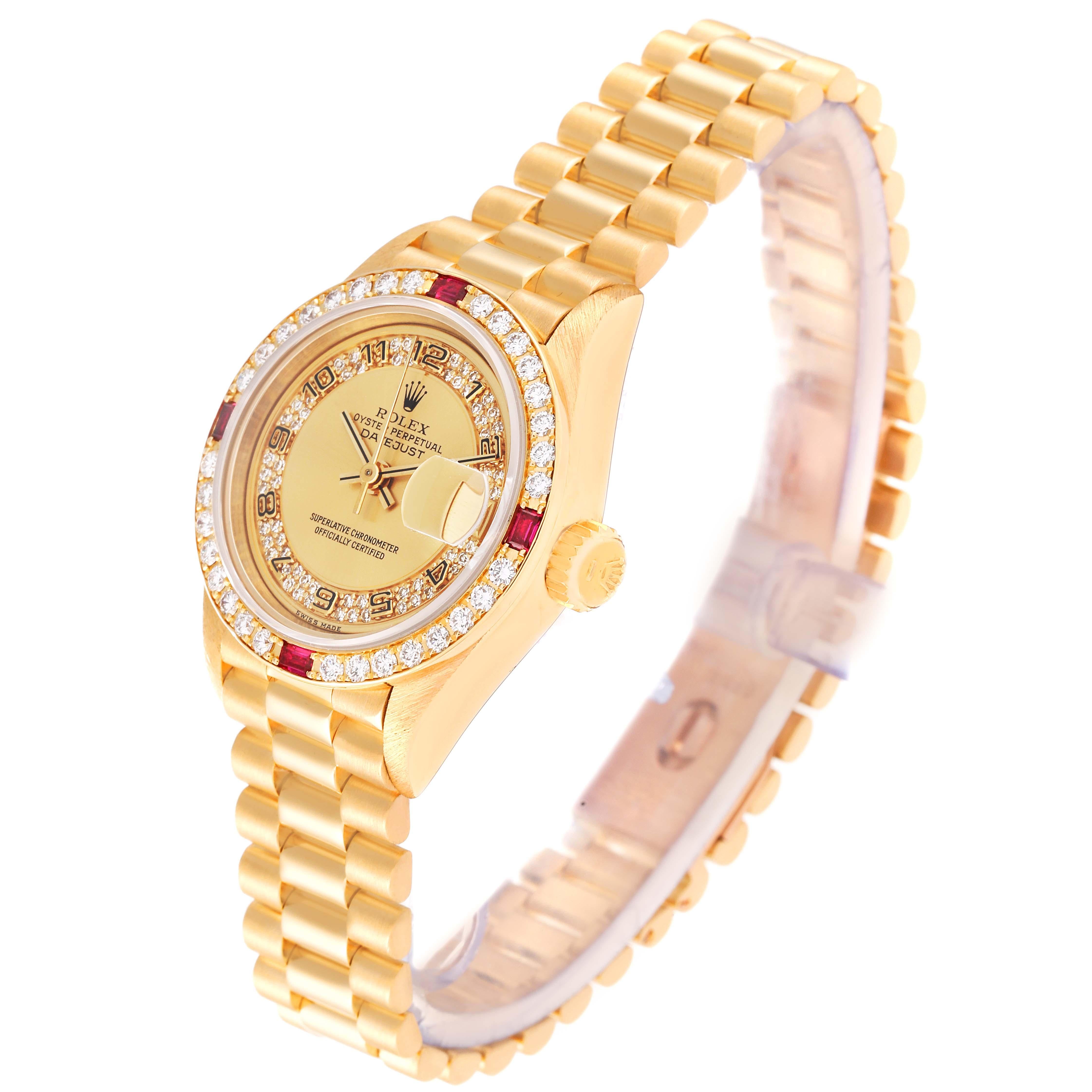 Women's Rolex President Datejust Yellow Gold Diamond Ruby Ladies Watch 69068 Box Papers