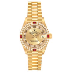 Rolex President Datejust Yellow Gold Diamond Ruby Ladies Watch 69068 Box Papers