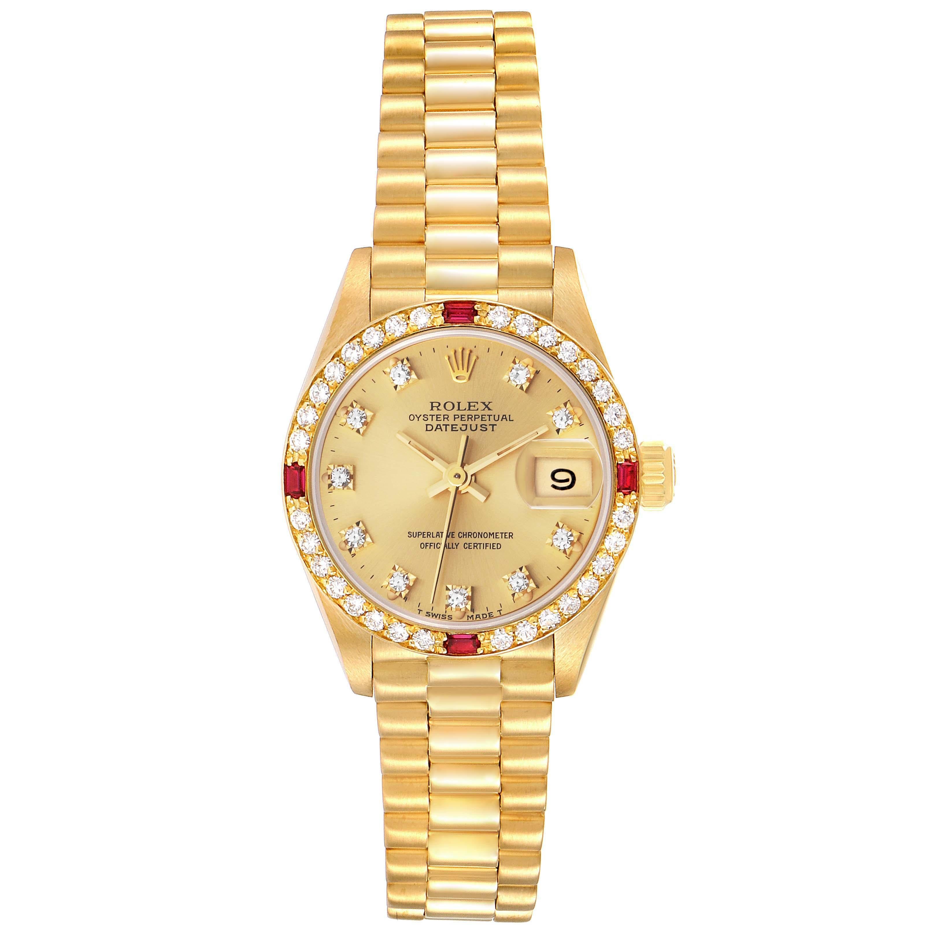 Rolex President Datejust Yellow Gold Diamond Ruby Ladies Watch 69068. Officially certified chronometer self-winding movement. 18k yellow gold oyster case 26.0 mm in diameter. Rolex logo on a crown. Original Rolex factory diamond and ruby bezel.