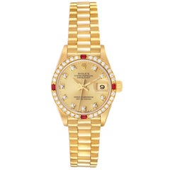Rolex President Datejust Yellow Gold Diamond Ruby Ladies Watch 69068