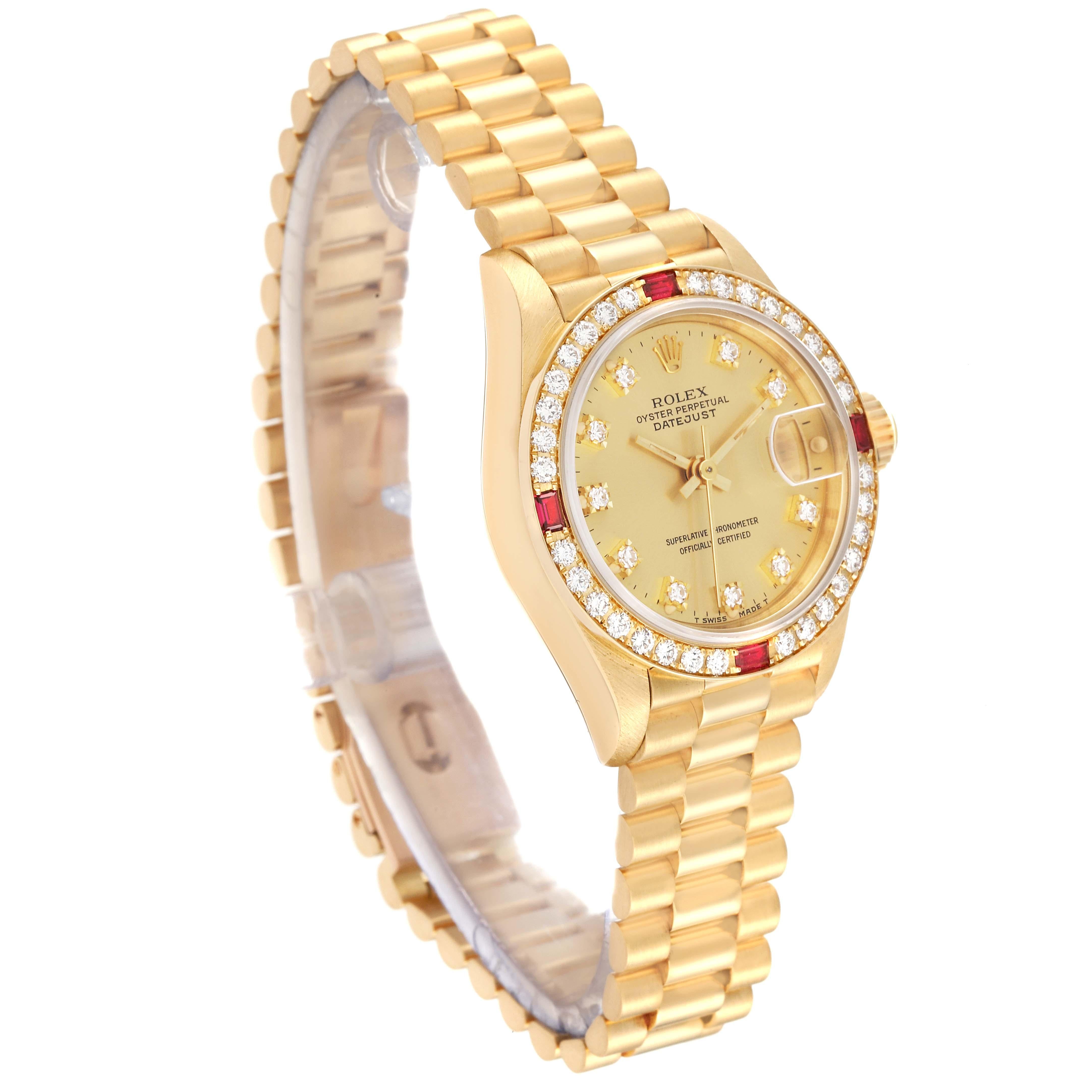 Rolex President Datejust Yellow Gold Diamond Ruby Ladies Watch 69068 In Excellent Condition In Atlanta, GA
