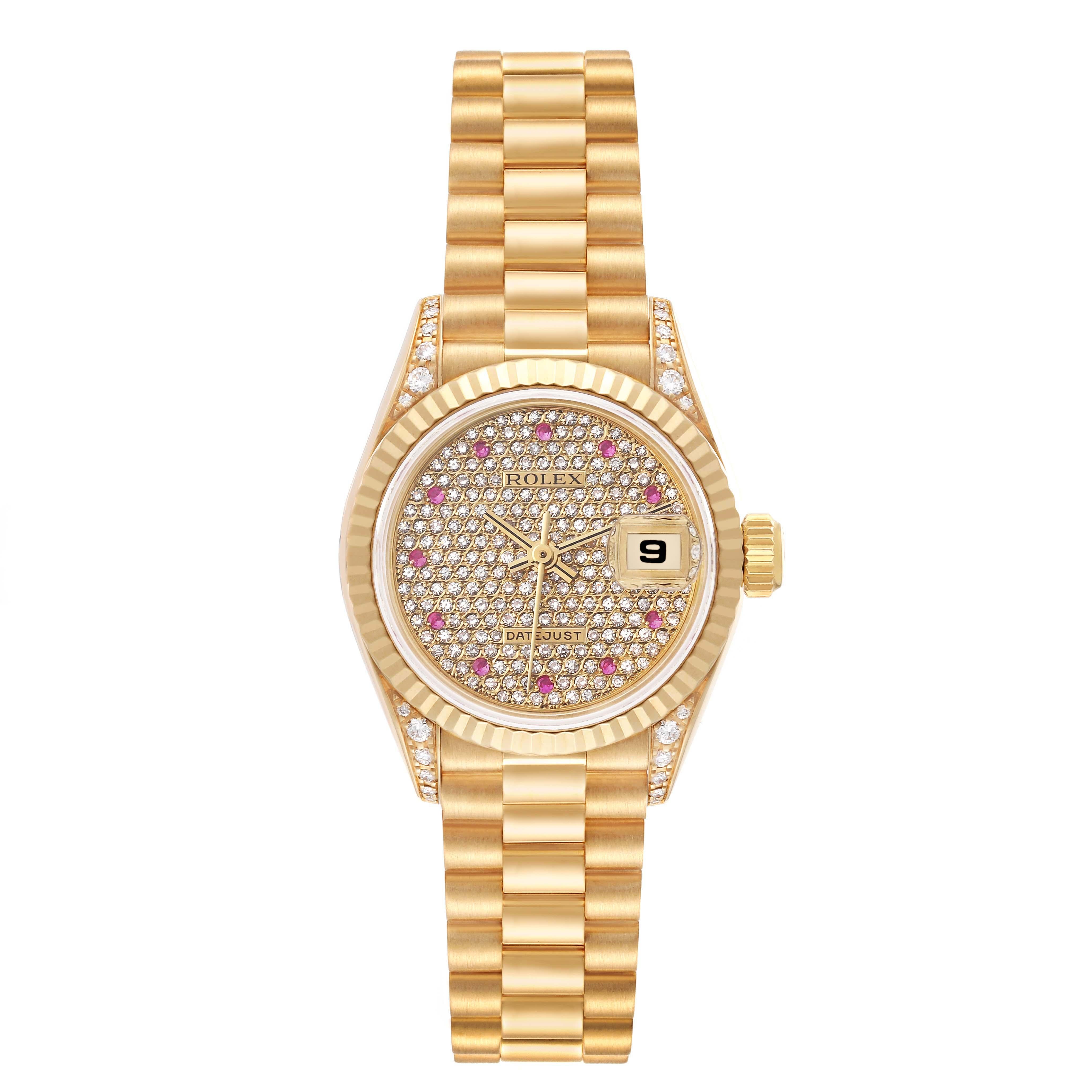 Rolex President Datejust Yellow Gold Diamond Ruby Ladies Watch 69238 Box Papers. Officially certified chronometer automatic self-winding movement. 18k yellow gold oyster case 26.0 mm in diameter. Rolex logo on the crown. Original Rolex factory