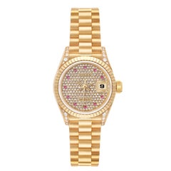 Rolex President Datejust Yellow Gold Diamond Ruby Ladies Watch 69238 Box Papers