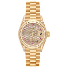 Rolex President Datejust Yellow Gold Diamond Ruby Ladies Watch 69238 Box Papers