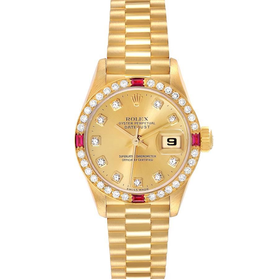 Rolex President Datejust Yellow Gold Diamond Ruby Ladies Watch 79068. Officially certified chronometer self-winding movement. 18k yellow gold oyster case 26.0 mm in diameter. Rolex logo on a crown. Original Rolex factory diamond and ruby bezel.