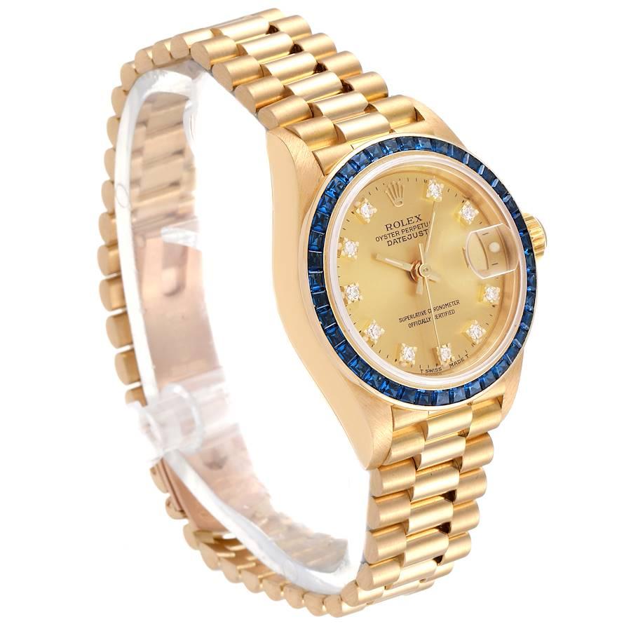 Rolex President Datejust Yellow Gold Diamond Sapphire Ladies Watch 69118 In Excellent Condition For Sale In Atlanta, GA