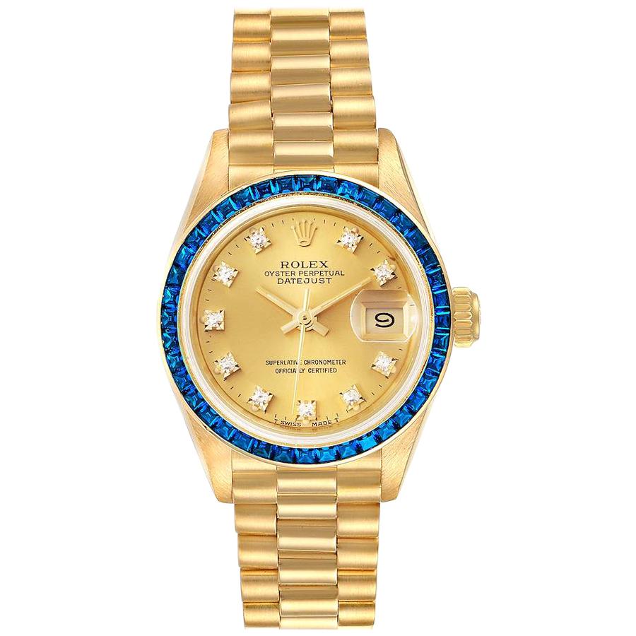 Rolex President Datejust Yellow Gold Diamond Sapphire Ladies Watch 69118 For Sale