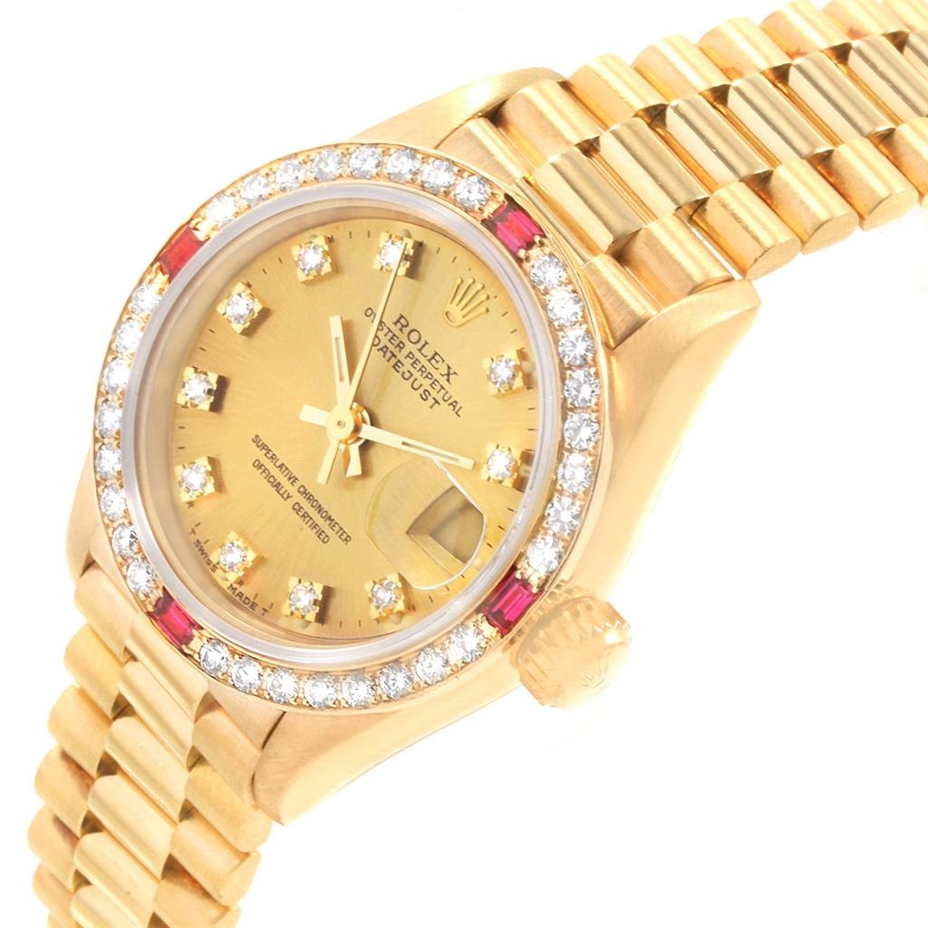Rolex President Datejust Yellow Gold Diamonds Rubies Ladies Watch 69068 For Sale 6