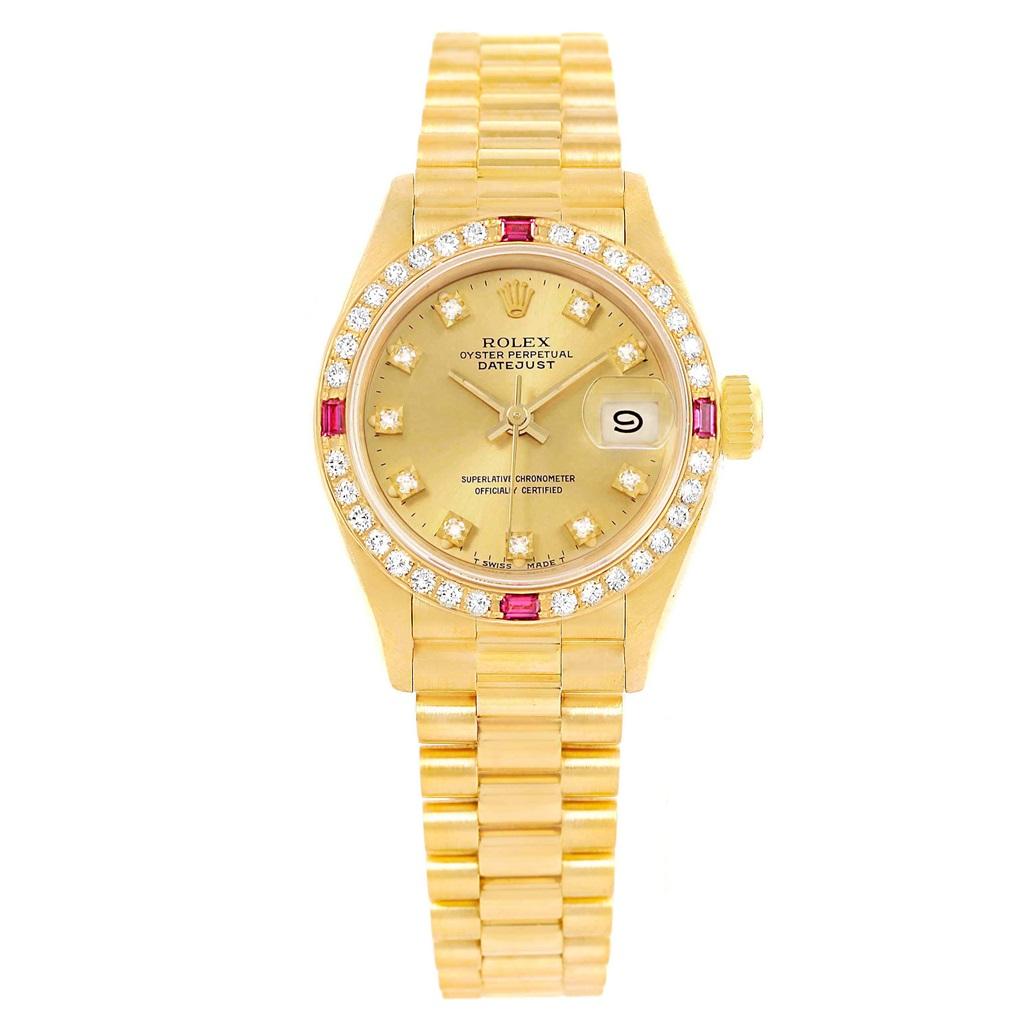 Rolex President Datejust Yellow Gold Diamonds Rubies Ladies Watch 69068 In Excellent Condition For Sale In Atlanta, GA