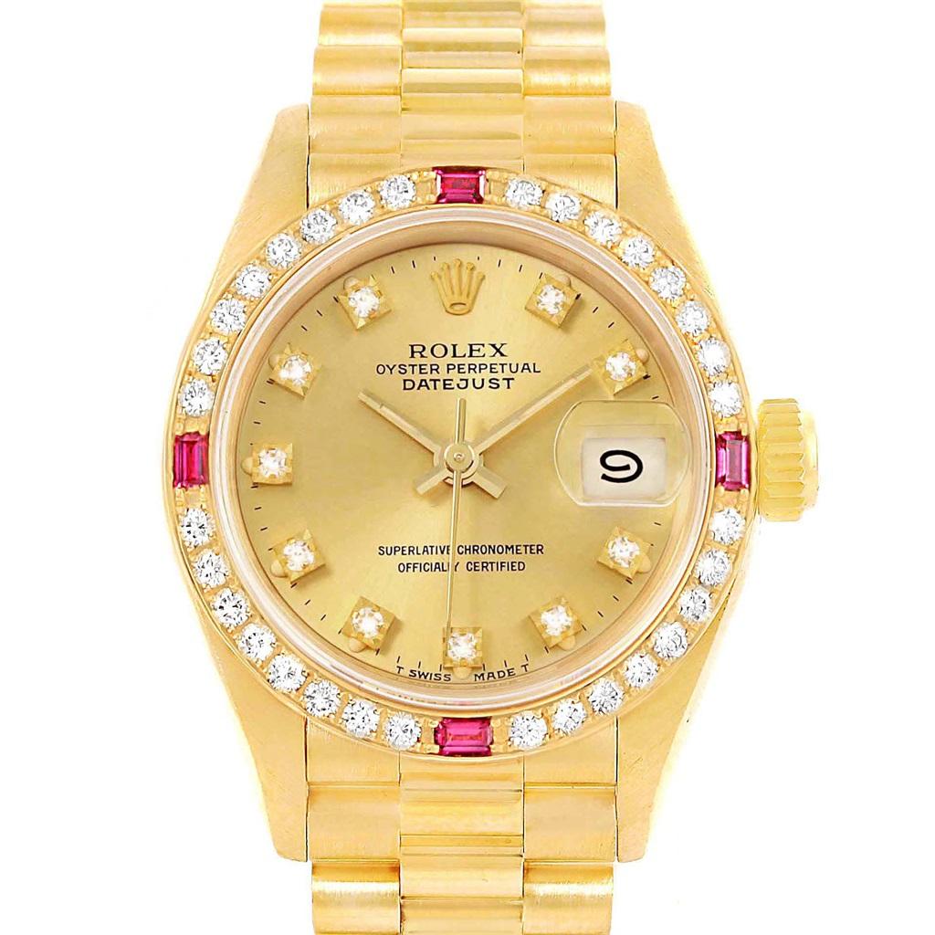 Rolex President Datejust Yellow Gold Diamonds Rubies Ladies Watch 69068 For Sale 1
