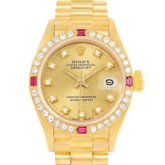 Rolex President Datejust Yellow Gold Diamonds Rubies Ladies Watch 69068
