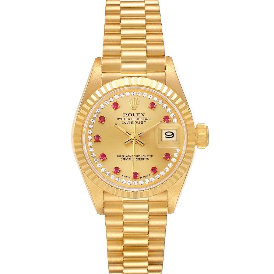 Rolex President Datejust Yellow Gold Diamonds Rubies Watch 69178. Officially certified chronometer self-winding movement. 18k yellow gold oyster case 26.0 mm in diameter. Rolex logo on a crown. 18k yellow gold fluted bezel. Scratch resistant