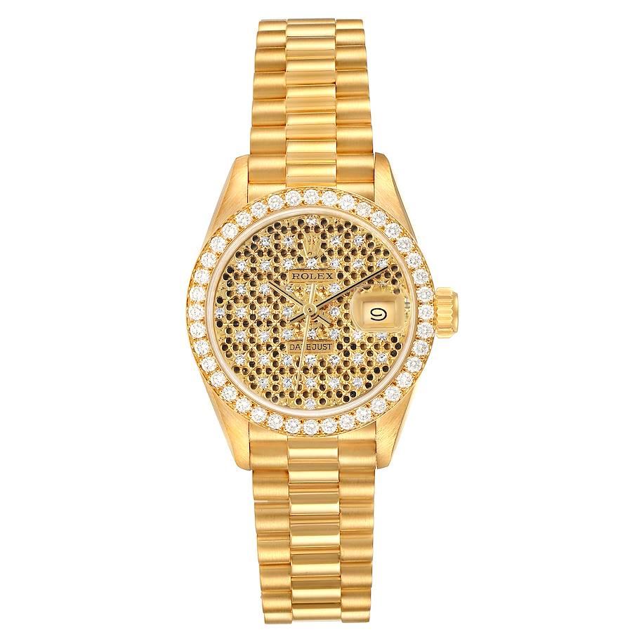 Rolex President Datejust Yellow Gold Honeycomb Diamond Watch 69138 Box Papers. Officially certified chronometer self-winding movement. 18k yellow gold oyster case 26.0 mm in diameter. Rolex logo on a crown. Original Rolex factory diamond bezel.