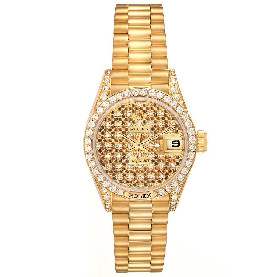 Rolex President Datejust Yellow Gold Honeycomb Diamond Watch 69158. Officially certified chronometer self-winding movement. 18k yellow gold oyster case 26.0 mm in diameter. Rolex logo on a crown. Original Rolex factory diamond lugs. Original Rolex