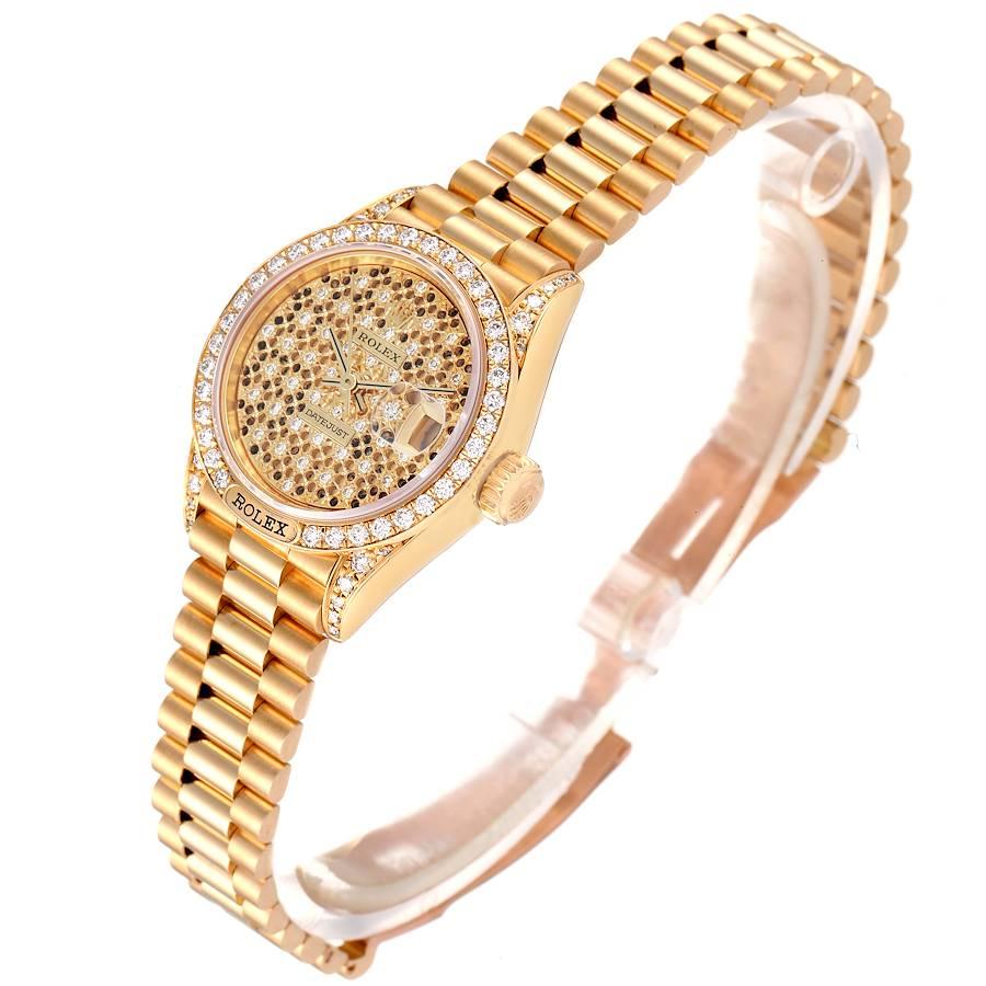 Rolex President Datejust Yellow Gold Honeycomb Diamond Watch 69158 In Excellent Condition For Sale In Atlanta, GA