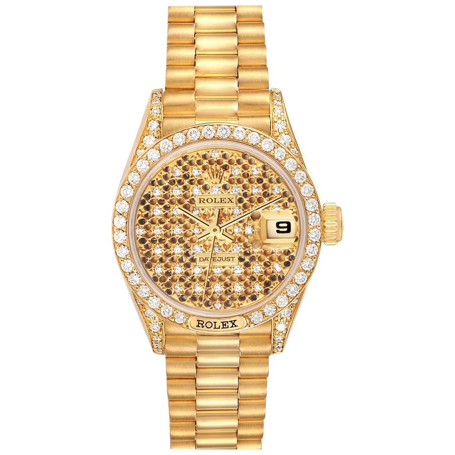 Rolex President Datejust Yellow Gold Honeycomb Diamond Watch 69158 For Sale