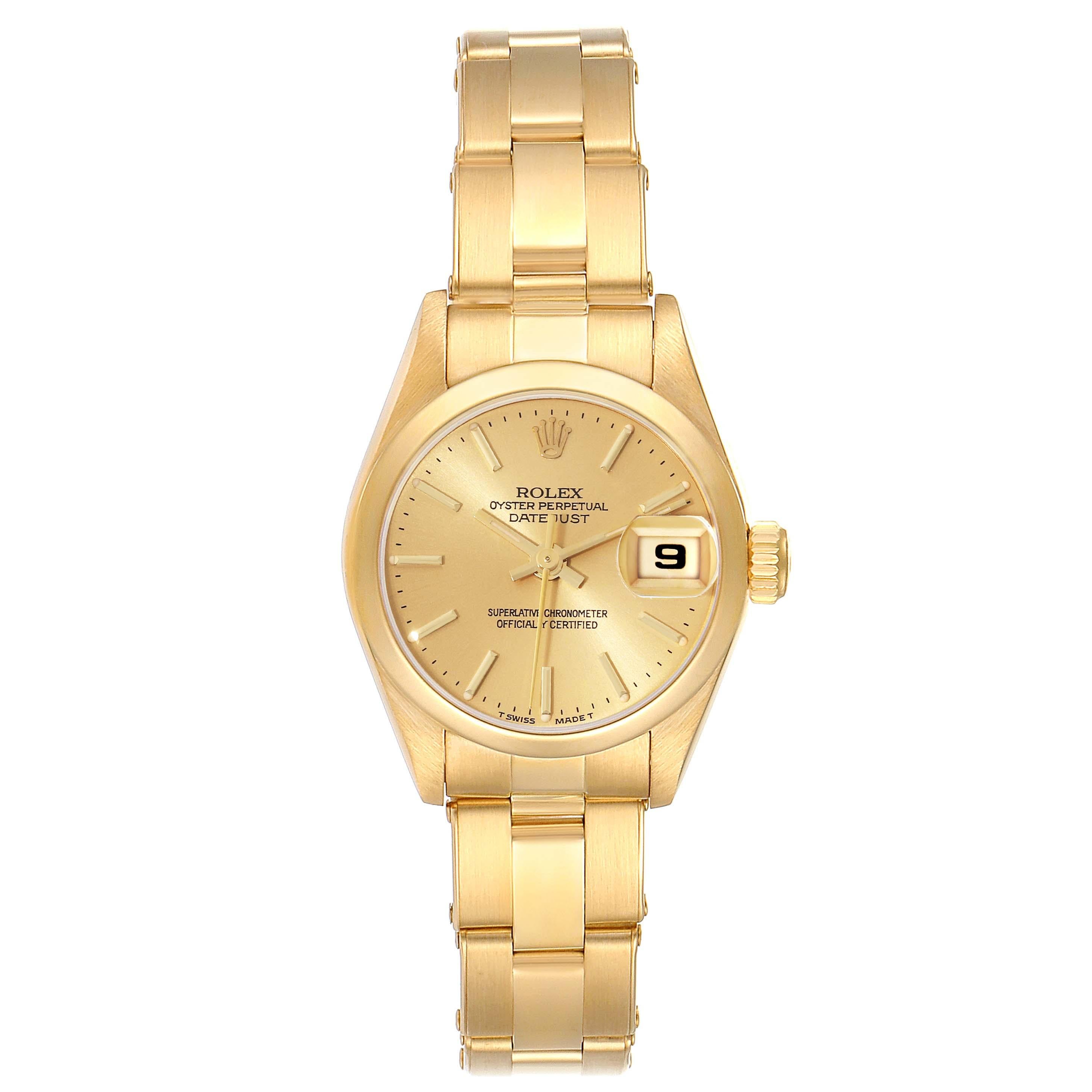 Rolex President Datejust Yellow Gold Ladies Watch 69168. Officially certified chronometer self-winding movement. 18k yellow gold oyster case 26.0 mm in diameter. Rolex logo on a crown. 18k yellow gold smooth bezel. Scratch resistant sapphire crystal