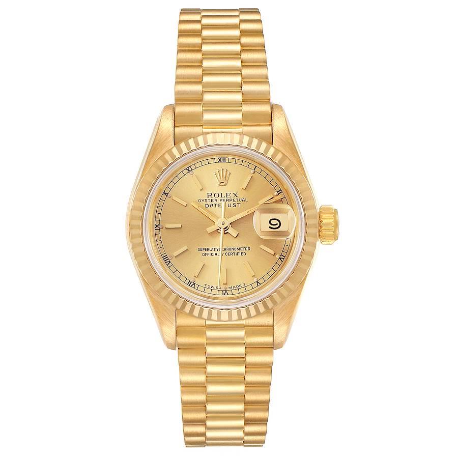 Rolex President Datejust Yellow Gold Ladies Watch 69178 Box Papers. Officially certified chronometer self-winding movement. 18k yellow gold oyster case 26.0 mm in diameter. Rolex logo on a crown. 18k yellow gold fluted bezel. Scratch resistant