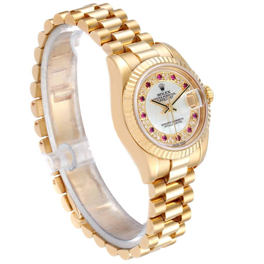 Rolex President Datejust Yellow Gold MOP Myriad Diamond Rubies Watch 179178 Box  In Excellent Condition For Sale In Atlanta, GA
