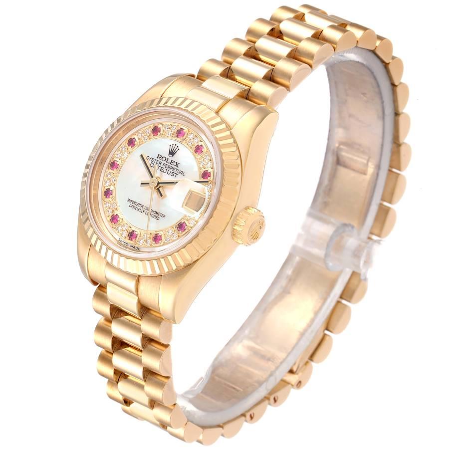Women's Rolex President Datejust Yellow Gold MOP Myriad Diamond Rubies Watch 179178 Box  For Sale