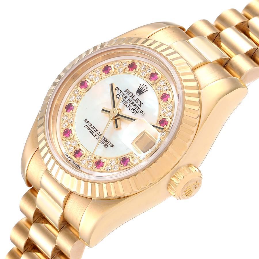 Rolex President Datejust Yellow Gold MOP Myriad Diamond Rubies Watch 179178 Box  For Sale 1