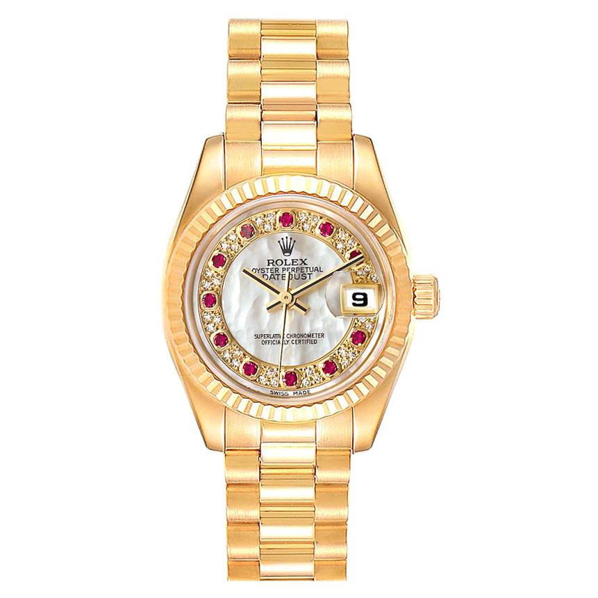 Rolex President Datejust Yellow Gold MOP Myriad Diamond Rubies Watch 179178 Box  For Sale