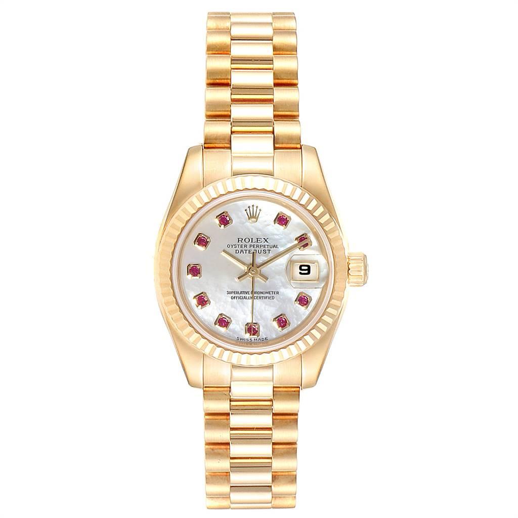Rolex President Datejust Yellow Gold MOP Rubies Ladies Watch 179178. Officially certified chronometer self-winding movement. 18k yellow gold oyster case 26.0 mm in diameter. Rolex logo on a crown. 18k yellow gold fluted bezel. Scratch resistant