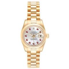 Rolex President Datejust Yellow Gold Mother of Pearl Rubies Ladies Watch 179178