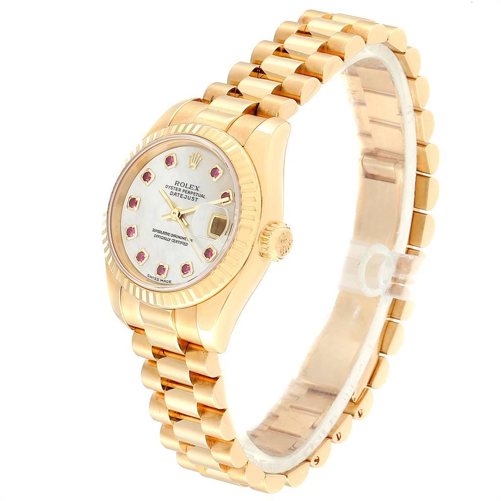 Rolex President Datejust Yellow Gold Mother of Pearl Rubies Ladies Watch 179178 1