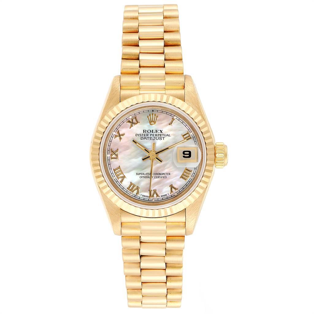 Rolex President Datejust Yellow Gold Mother of Pearl Ladies Watch 69178. Officially certified chronometer self-winding movement. 18k yellow gold oyster case 26.0 mm in diameter. Rolex logo on a crown. 18k yellow gold fluted bezel. Scratch resistant