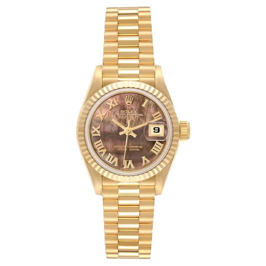 Rolex President Datejust Yellow Gold Mother of Pearl Ladies Watch 69178. Officially certified chronometer self-winding movement. 18k yellow gold oyster case 26.0 mm in diameter. Rolex logo on a crown. 18k yellow gold fluted bezel. Scratch resistant