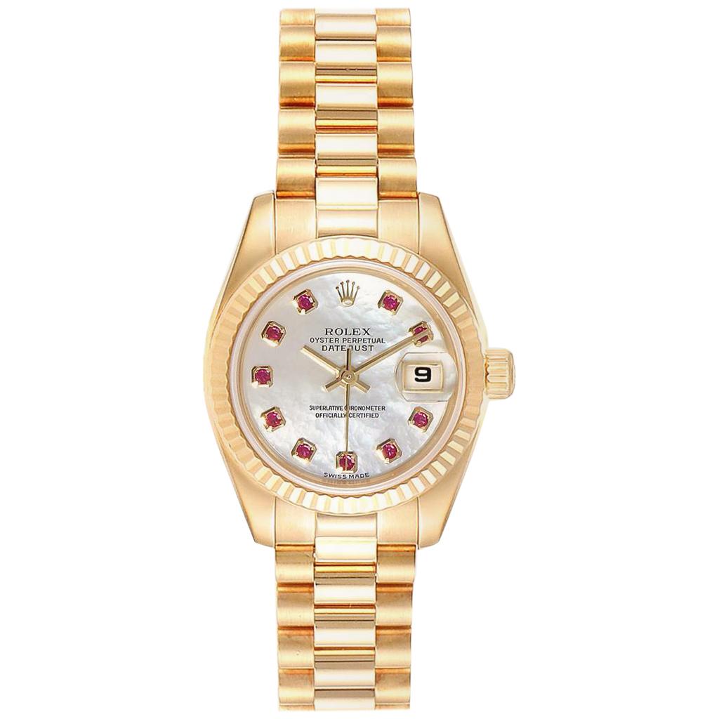 Rolex President Datejust Yellow Gold Mother of Pearl Rubies Ladies Watch 179178