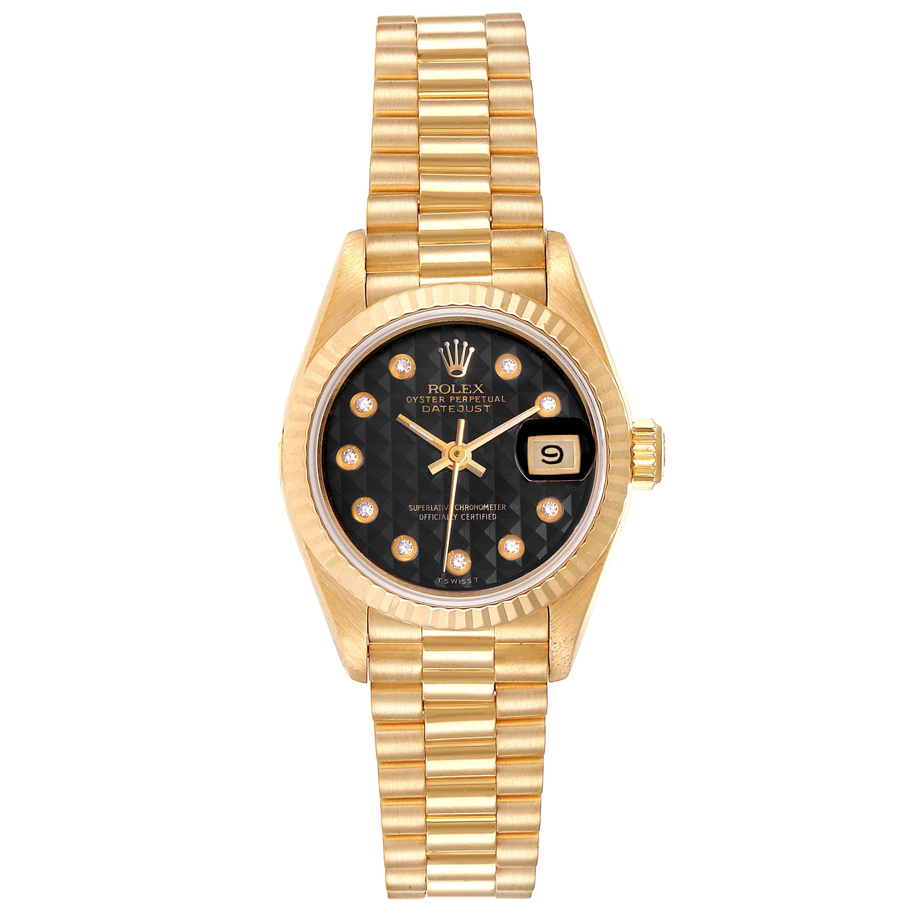 Rolex President Datejust Yellow Gold Onyx Diamond Dial Ladies Watch 69178. Officially certified chronometer self-winding movement. 18k yellow gold oyster case 26.0 mm in diameter. Rolex logo on a crown. 18k yellow gold fluted bezel. Scratch