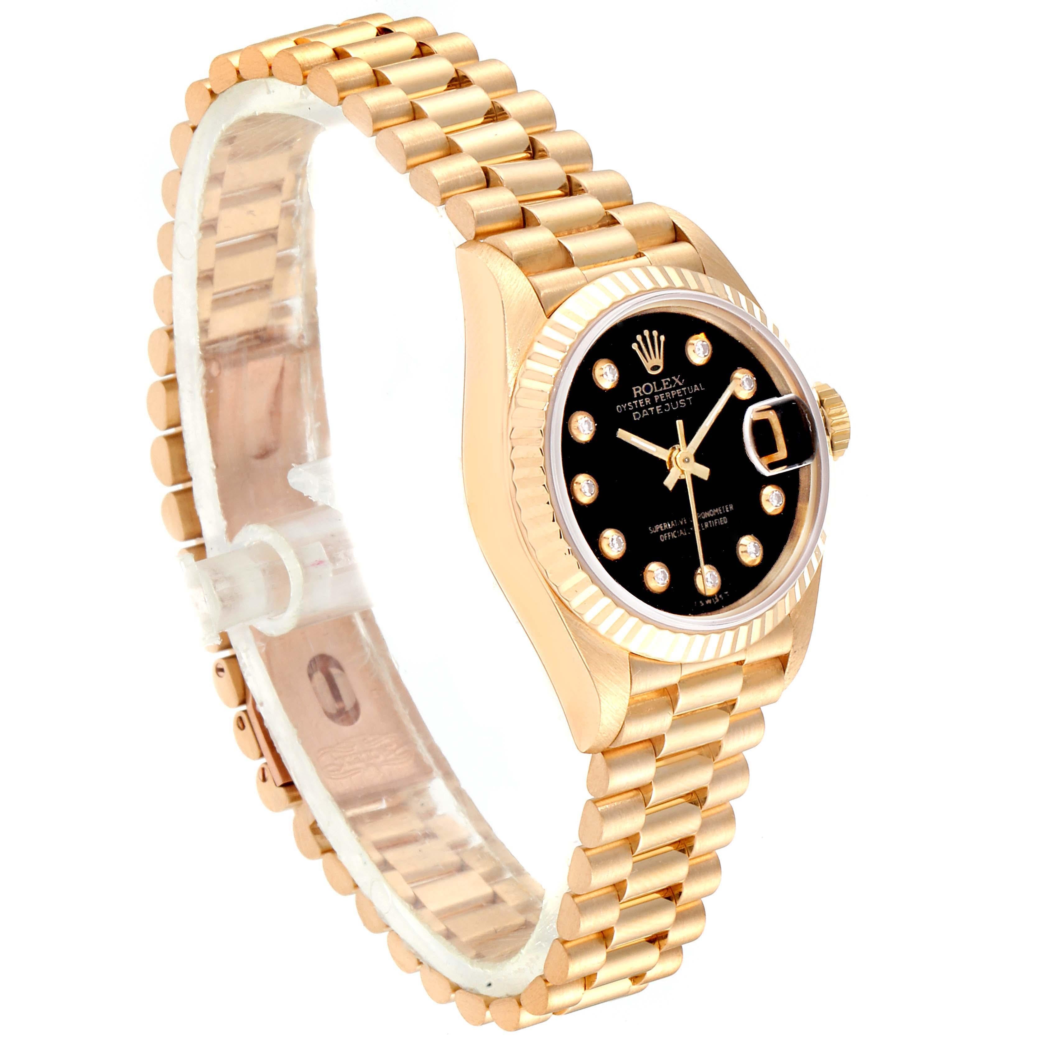 Rolex President Datejust Yellow Gold Onyx Diamond Dial Ladies Watch 69178 In Excellent Condition For Sale In Atlanta, GA