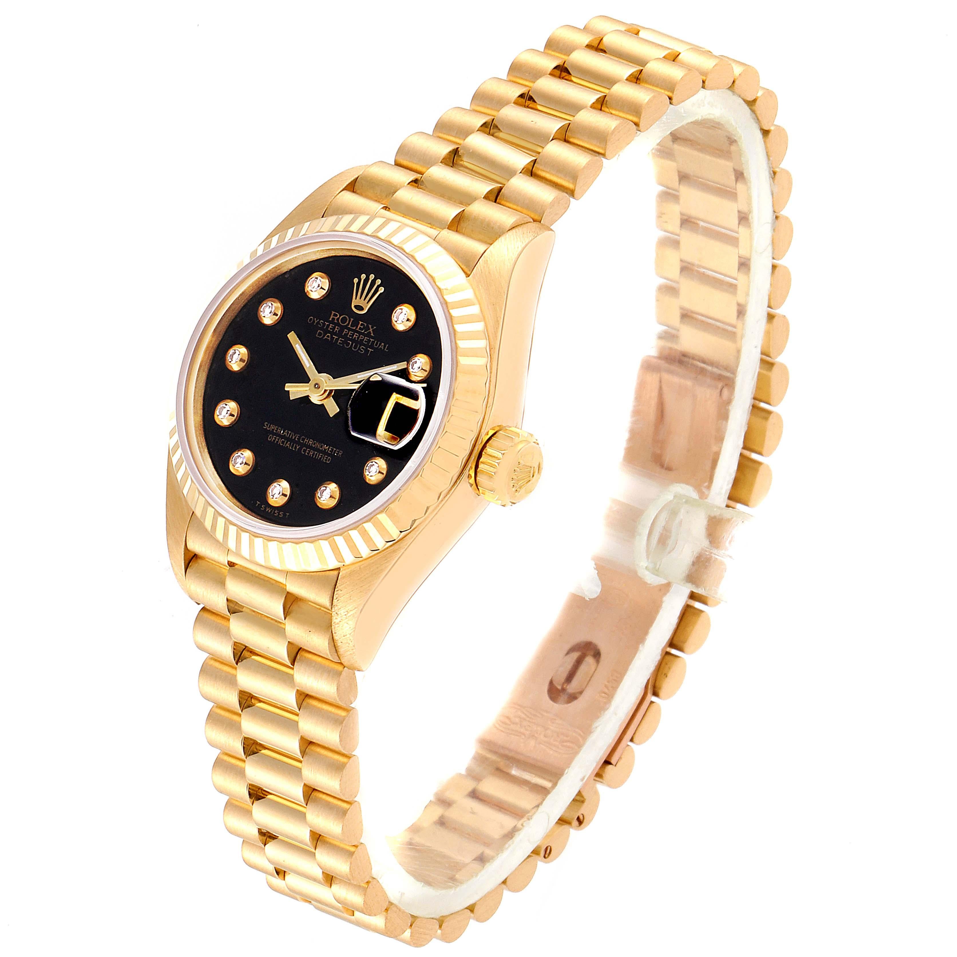 Women's Rolex President Datejust Yellow Gold Onyx Diamond Dial Ladies Watch 69178 For Sale